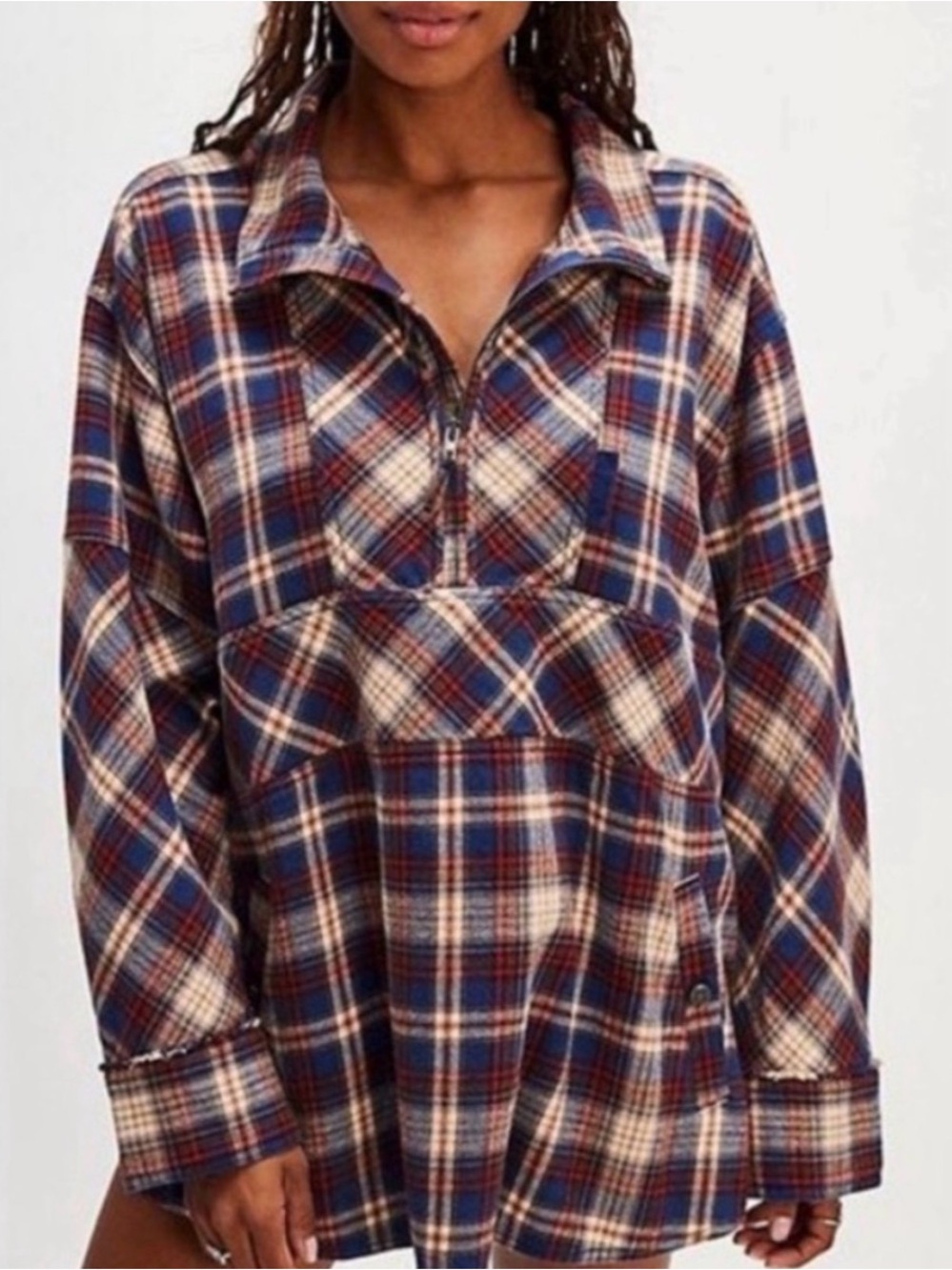 We The Free Wind River Plaid Button-Up Shirt Jacket in Blue, Red, Cream